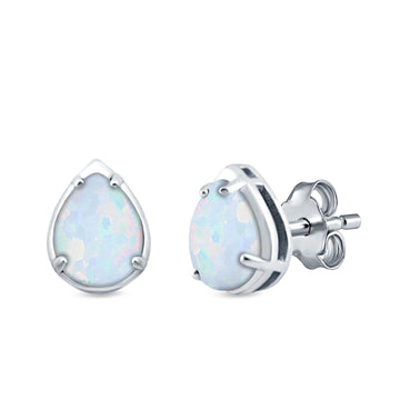 Solitaire Teardrop Pear Stud Earrings Lab Created White Opal 925 Sterling Silver